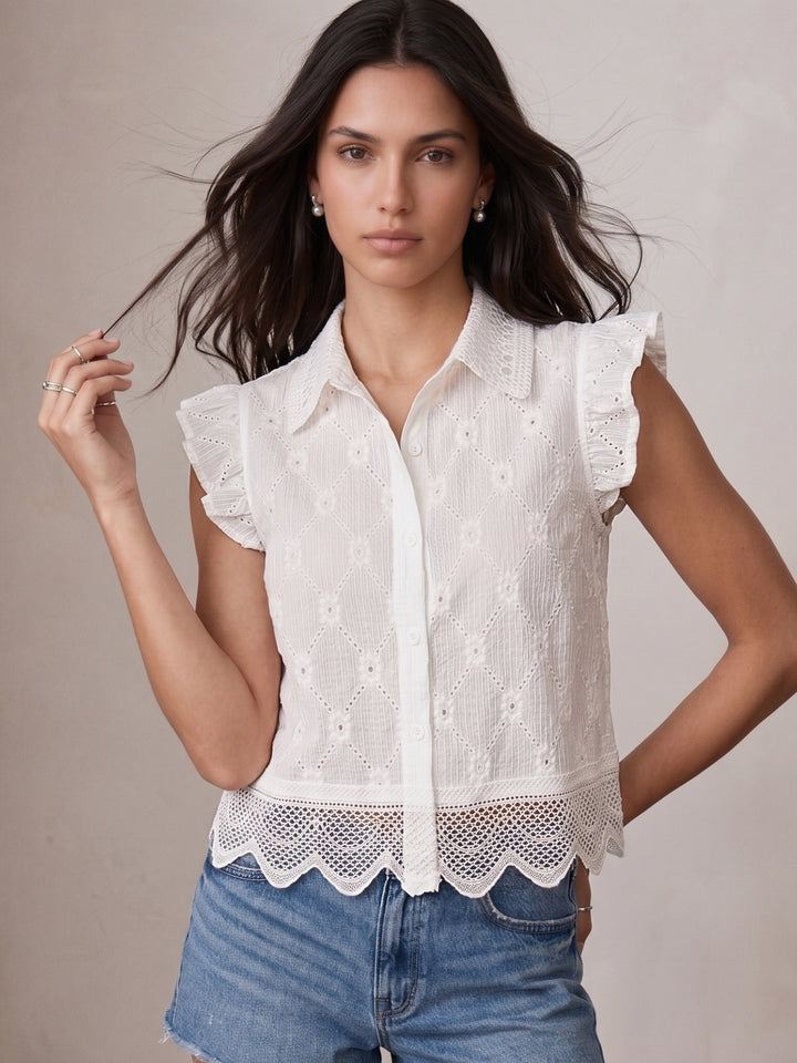 White Ruffle Sleeve Schiffli Top
