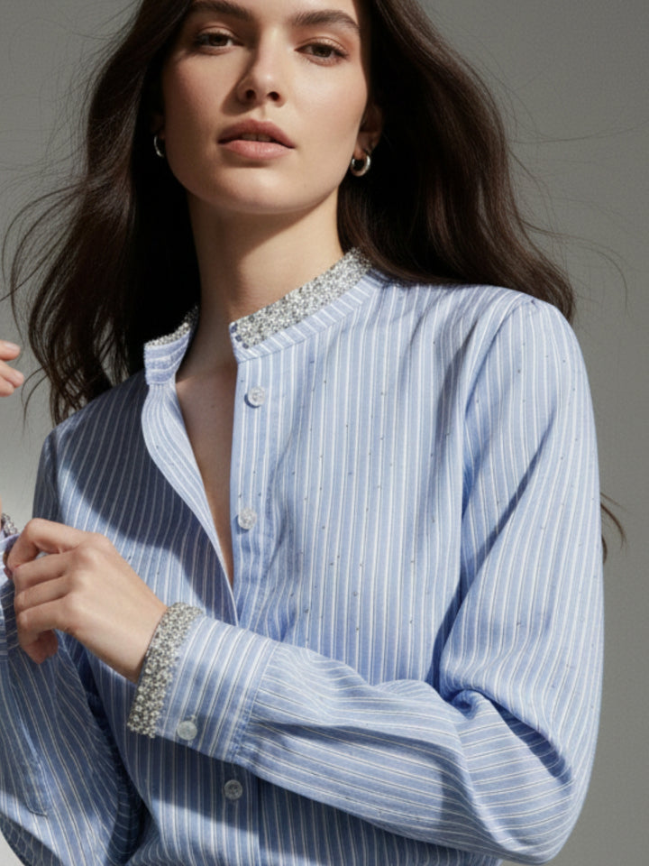 Blue Embellished Neckline Striped Shirt