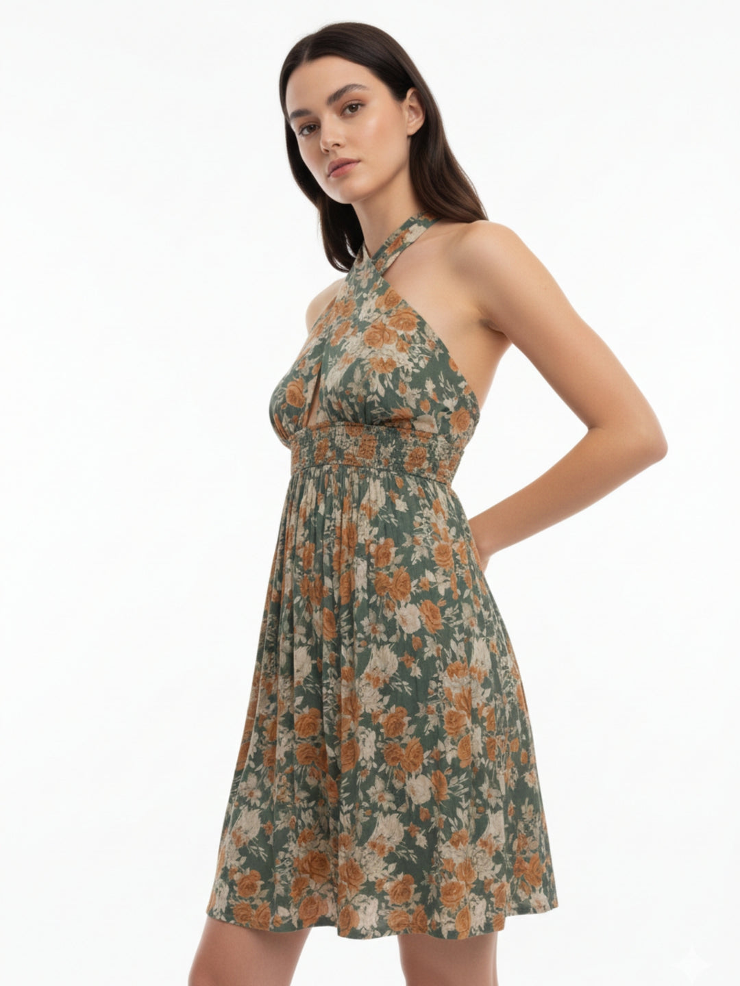 Multi Cross Halter Neck Printed Dress