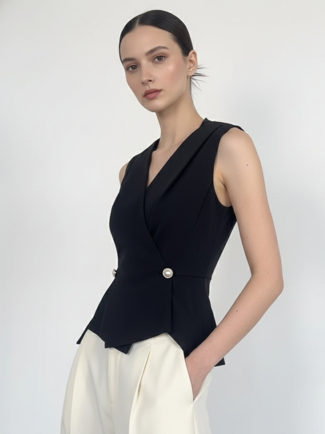 Black Wrap Neck Double Buttoned Top