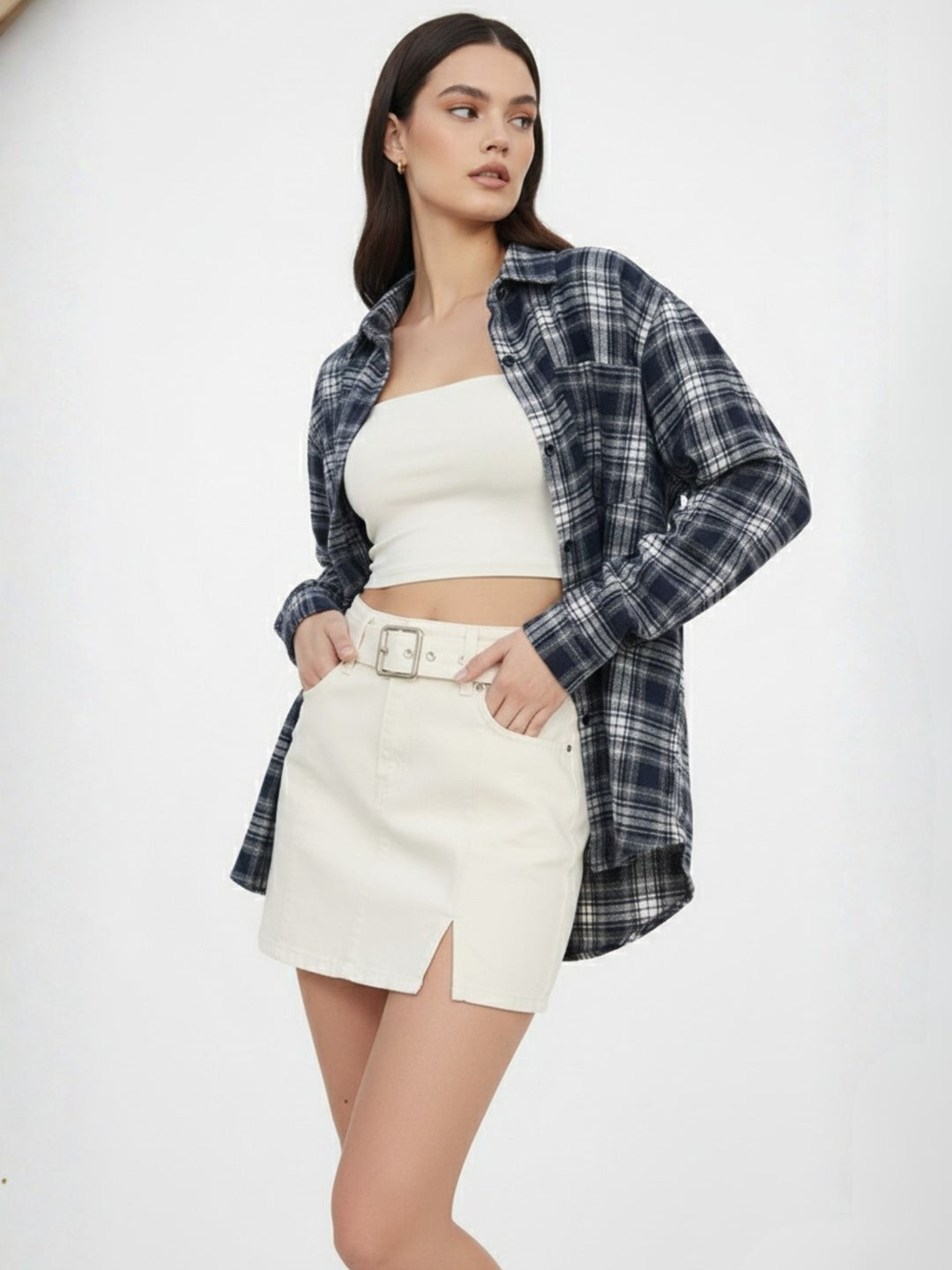 Navy Blue Checkered Front Buttoned Shirt