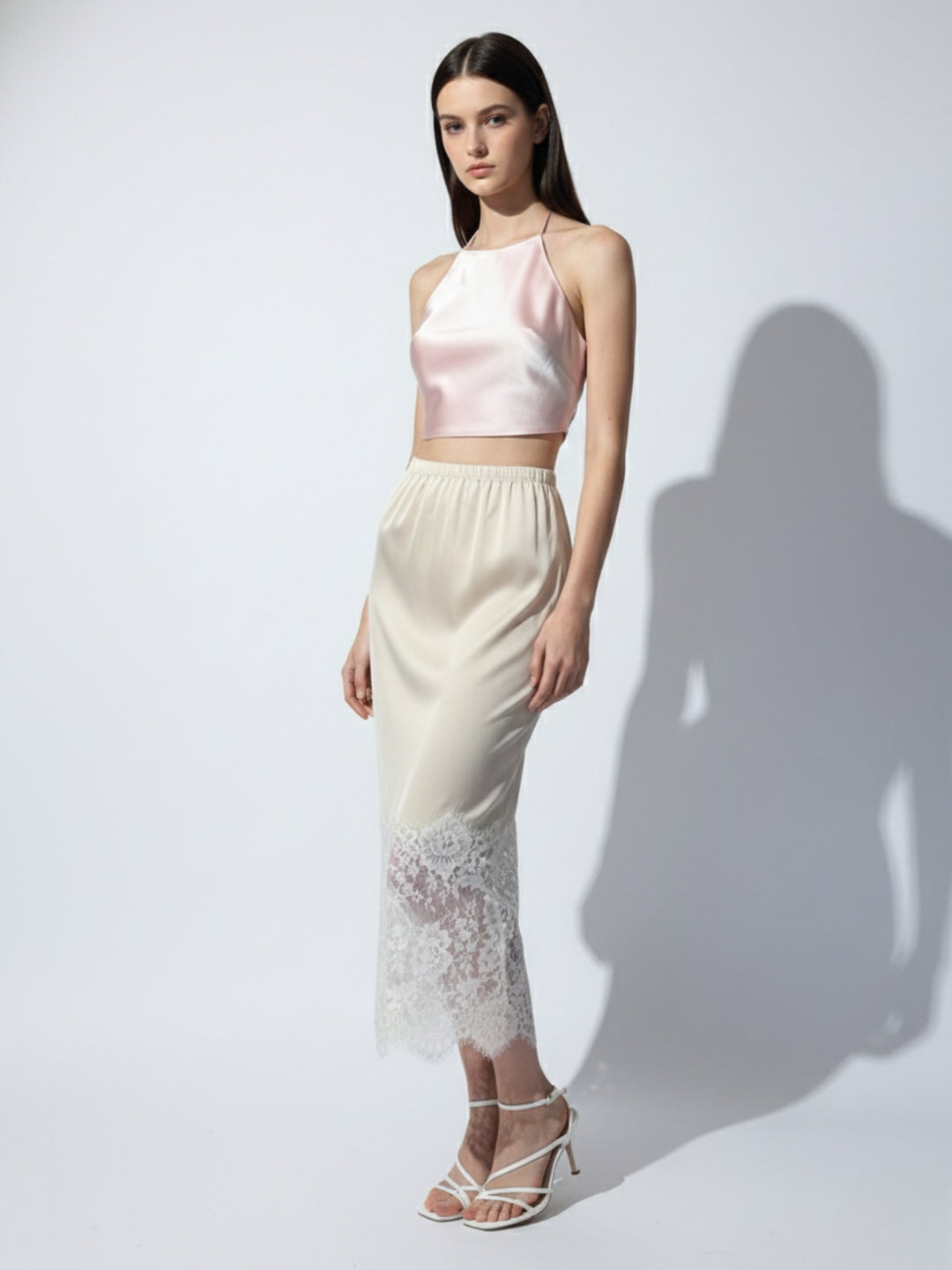 Cream Maxi Skirt With Lace Inserts