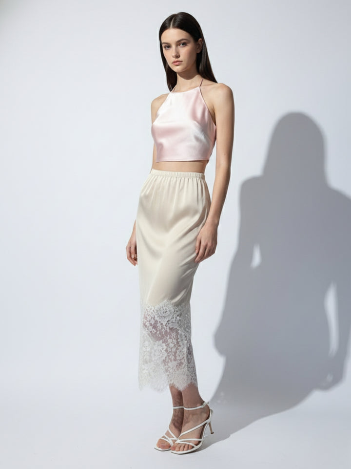 Cream Maxi Skirt With Lace Inserts