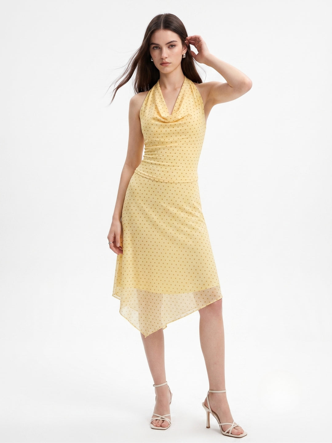 Yellow Cowl Neck Top And Asymmetrical Skirt Set