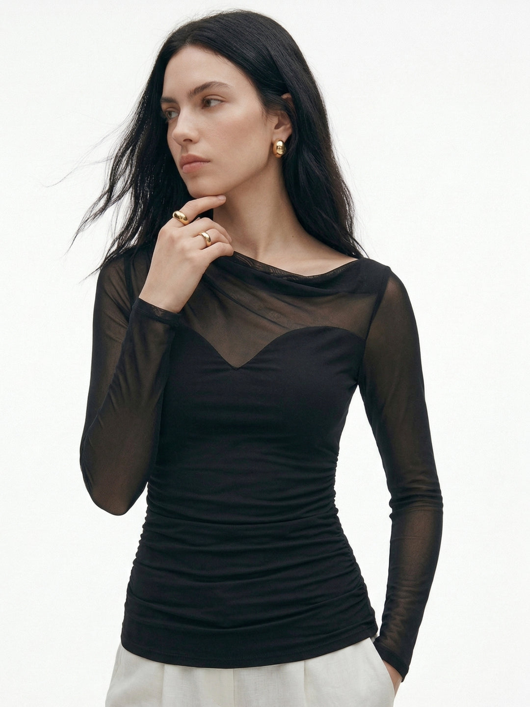 Black Full Sleeve Mesh Detail Top