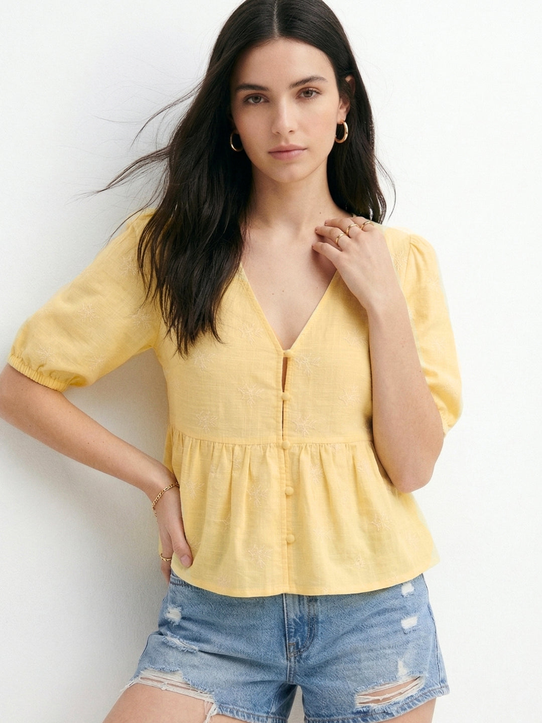 Yellow Relaxed Button Down Peplum Blouson Top
