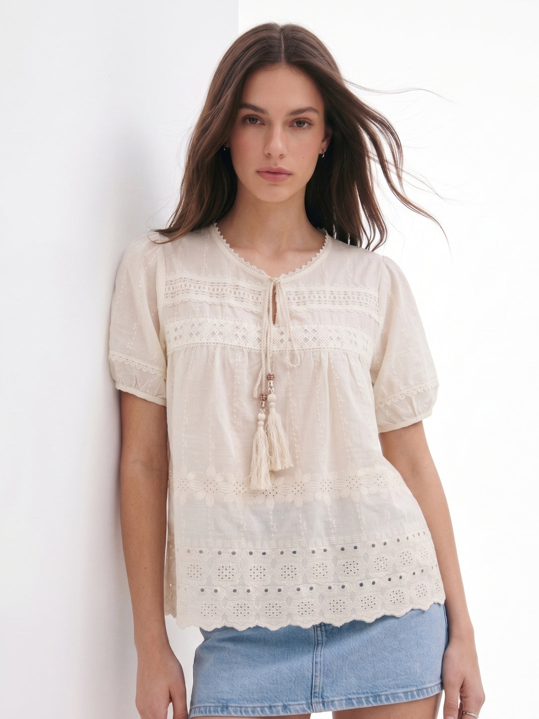 Off White Short Sleeve Front Tie-Up Top