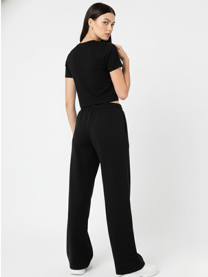 Black Crew Neck Crop Top And Pant Set