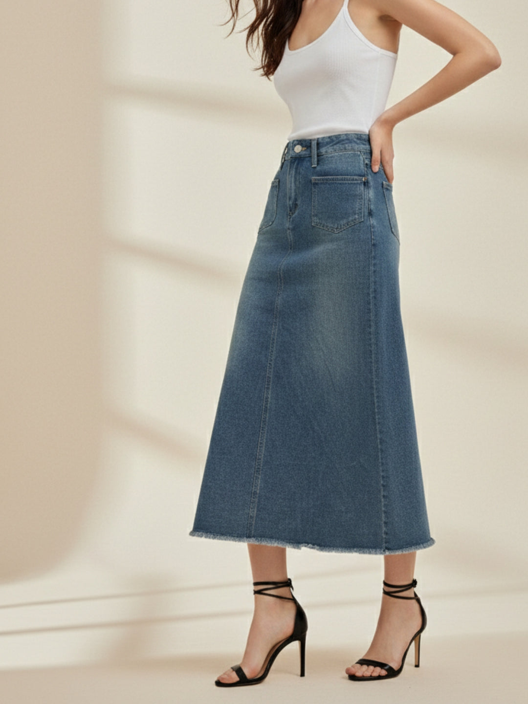 Blue Front Pocket Rough Hem Skirt