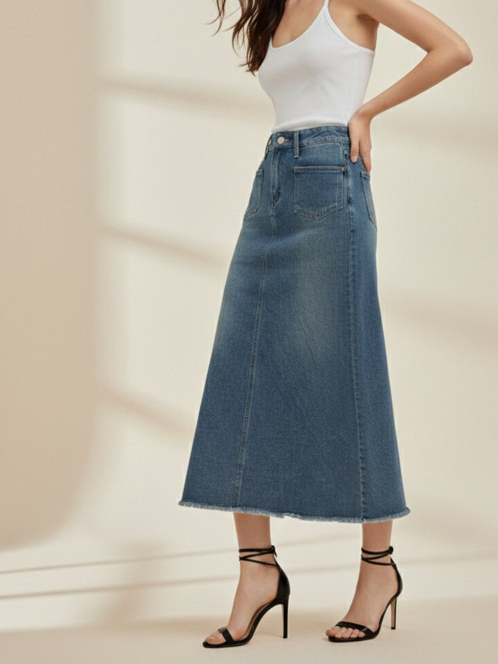 Blue Front Pocket Rough Hem Skirt