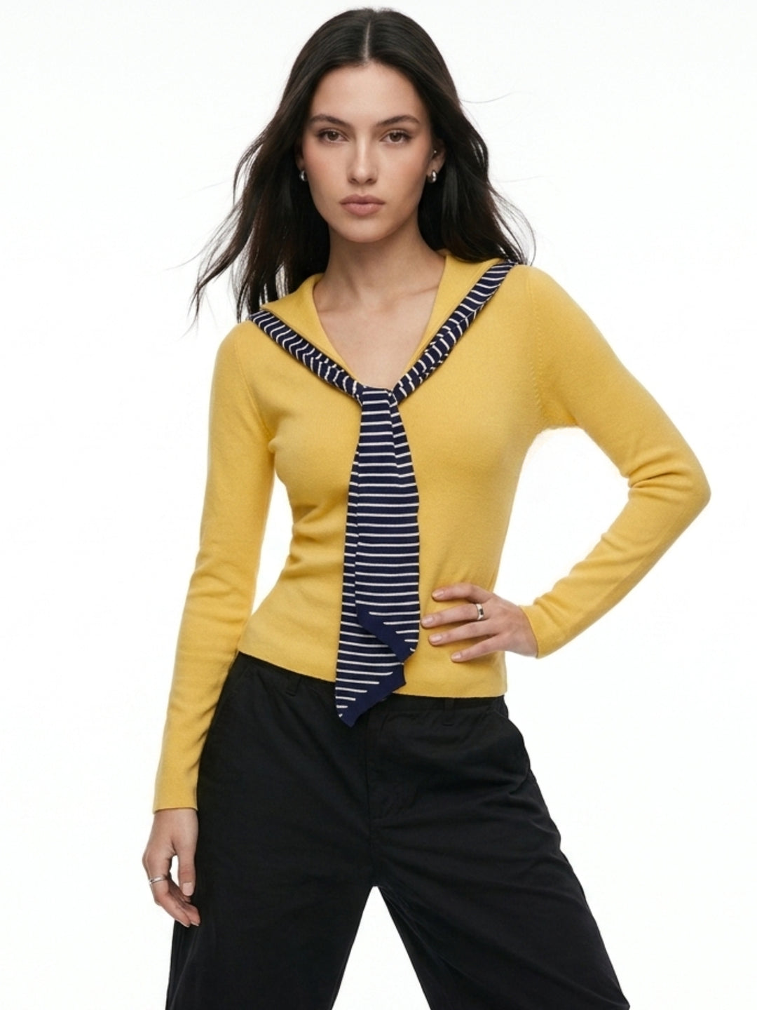 Yellow Full Sleeve V Neck Tie Up Top
