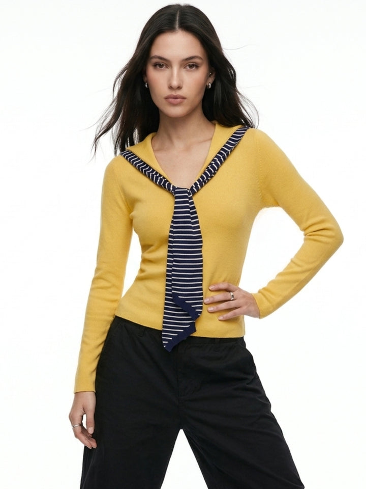 Yellow Full Sleeve V Neck Tie Up Top