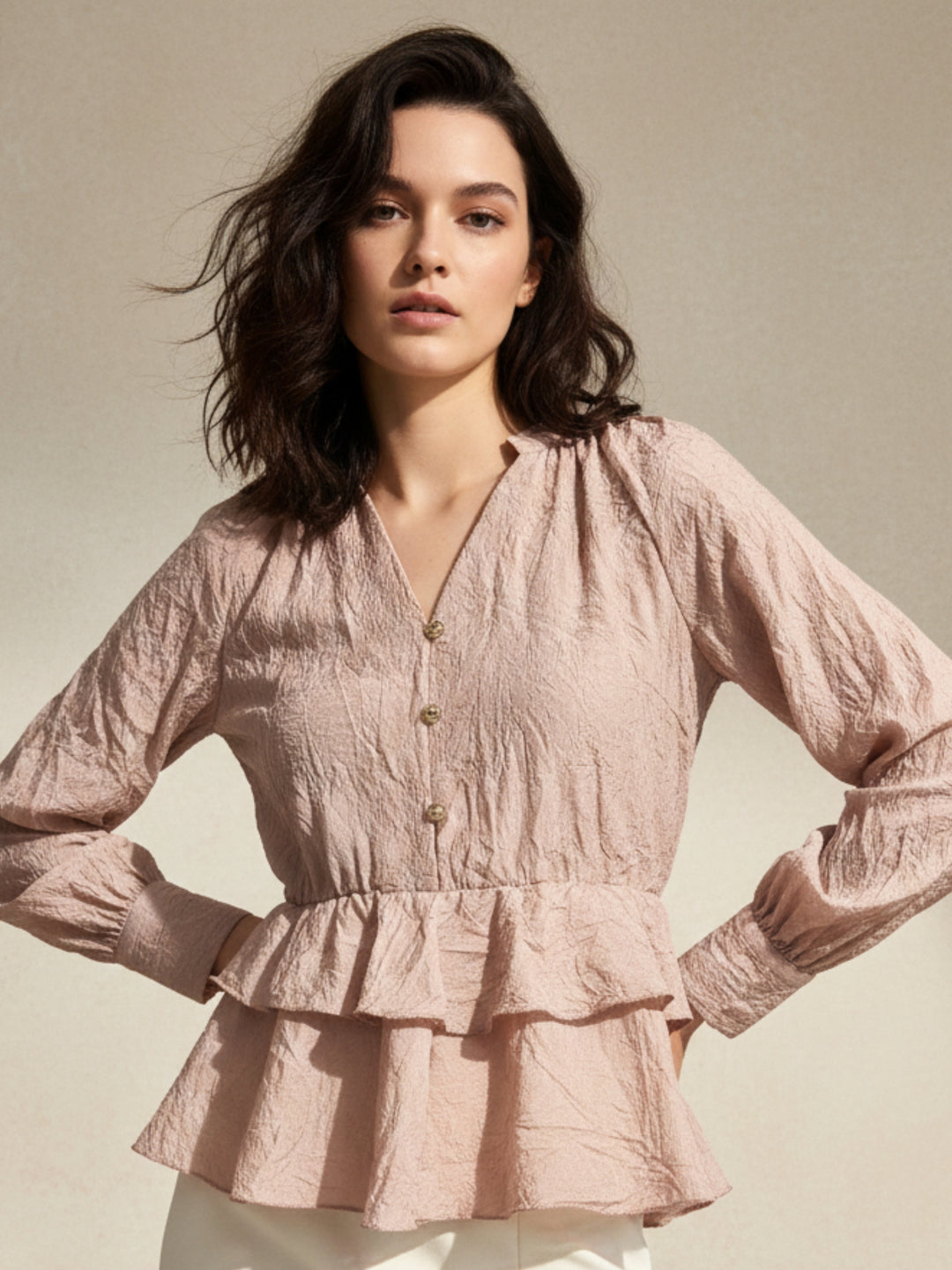 Pink V Neck Ruffle Blouse In Crushed Satin Fabric