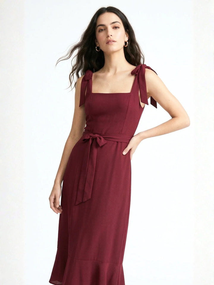 Maroon Shoulder Tie-Up Flare Dress