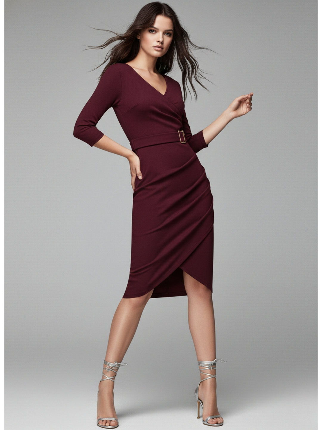 Wine Bodycon Sheath Dress With Belt
