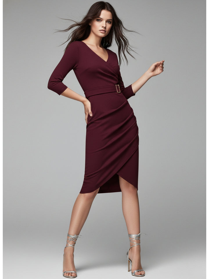 Wine Bodycon Sheath Dress With Belt