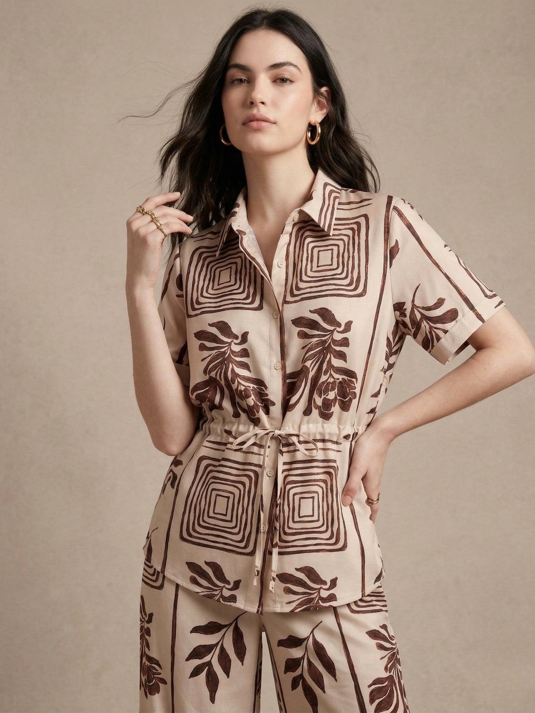 Off White Printed Short Sleeve Casual Co-Ord Set
