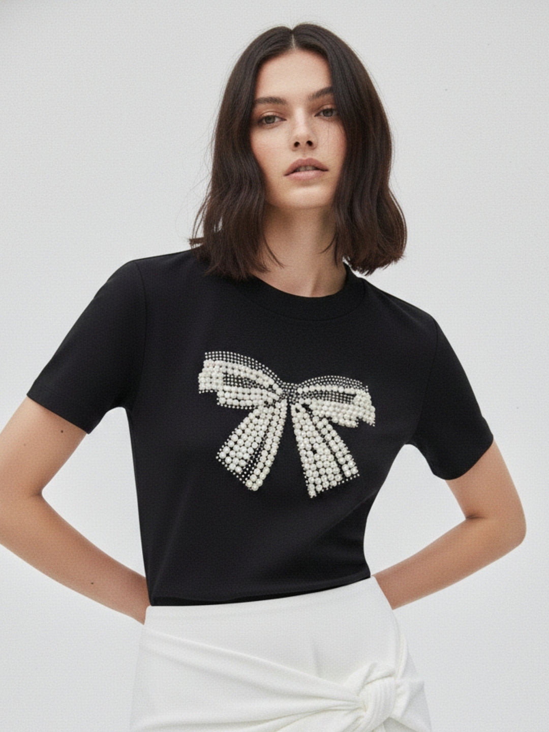 Black Embellished Large Bow T-Shirt