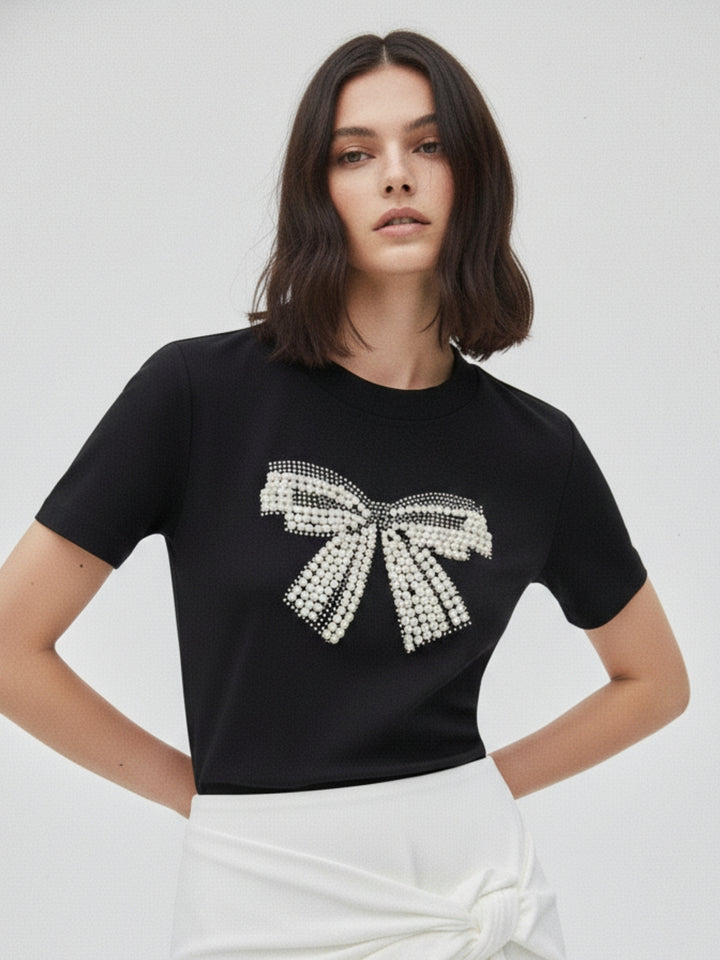 Black Embellished Large Bow T-Shirt