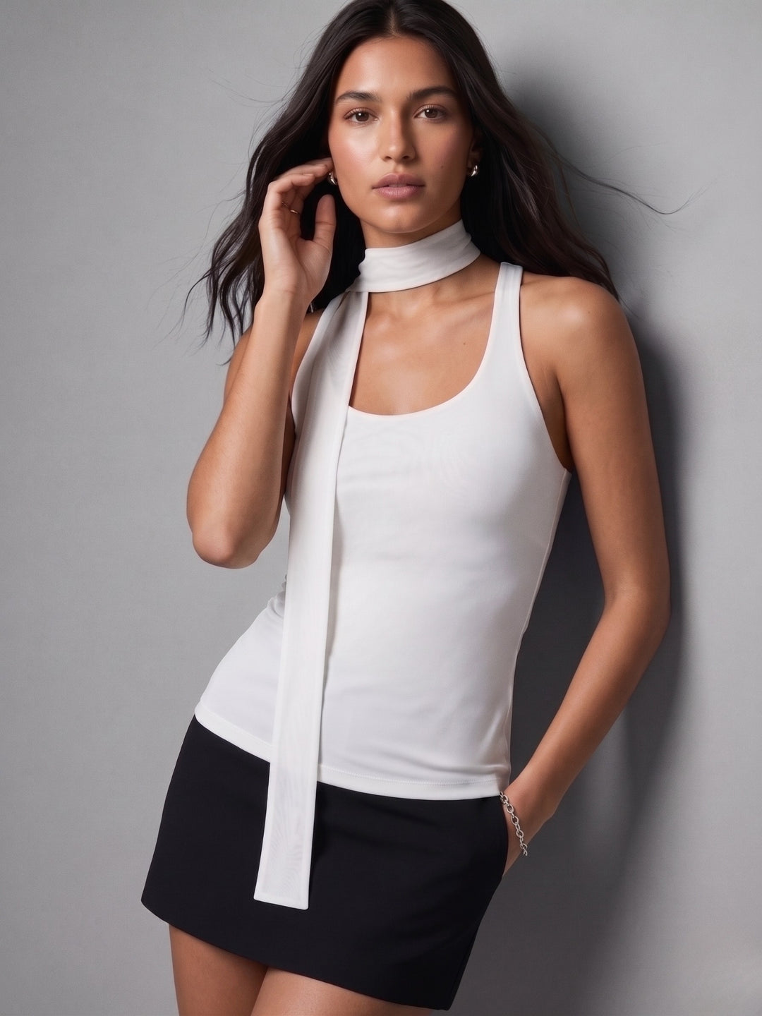 White Round Neck Scarf Detail Top