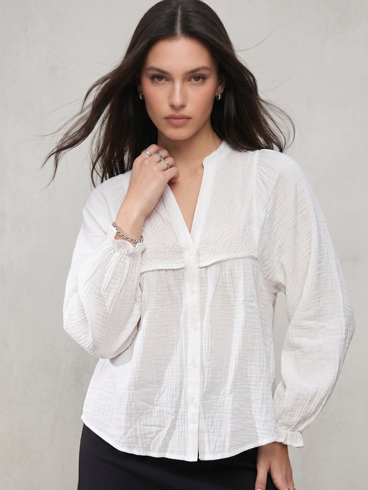 White Bishop Sleeve Front Buttoned Embroidered Top