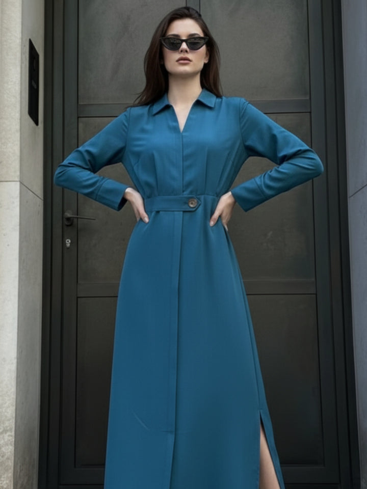 Light Blue Maxi Shirt Dress With Side Slit