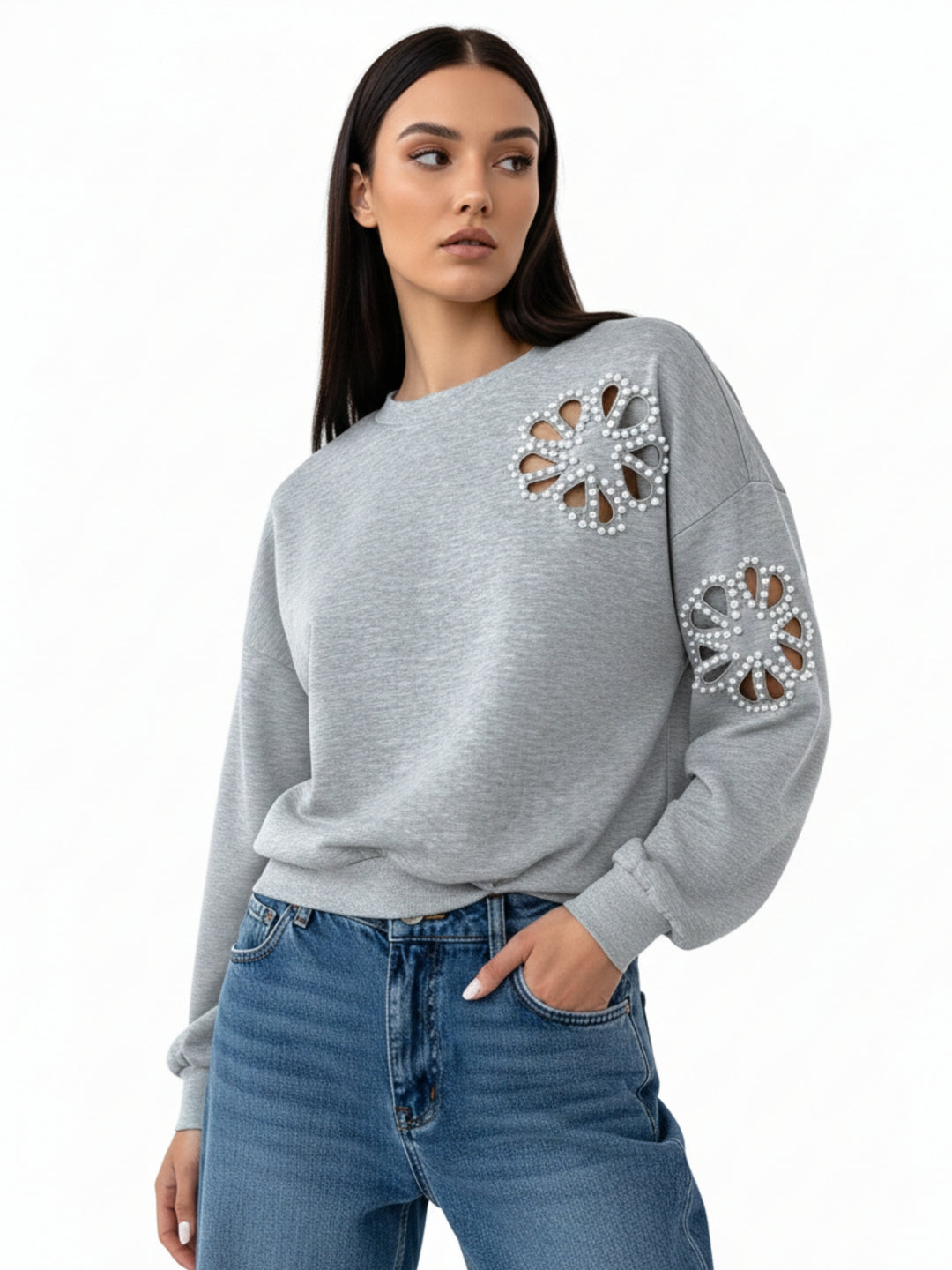 Grey Full Sleeve Flower Cut-Out Sweatshirt