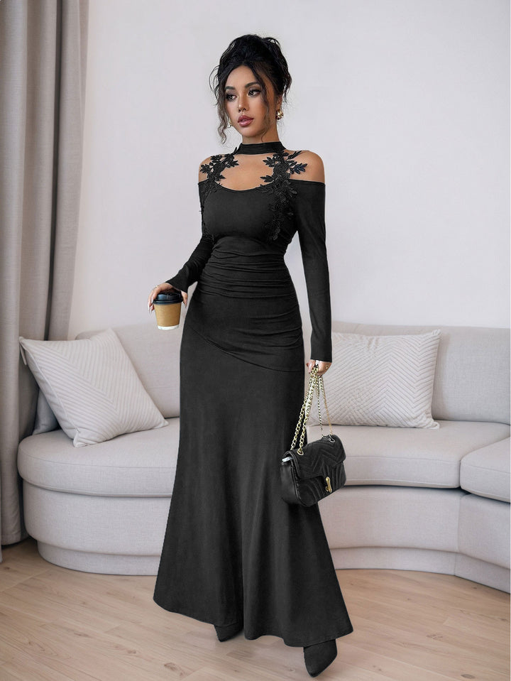 Black Full Sleeve Lace Neck Detail Dress