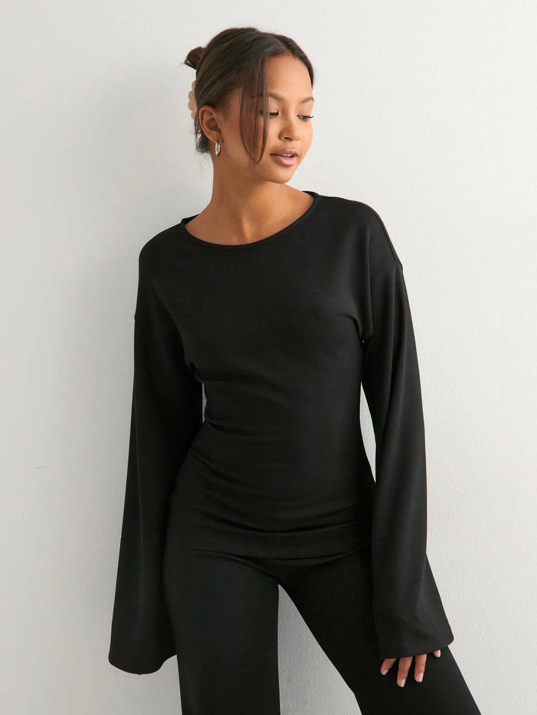 Black Bell Sleeve Fitted Top And Pant Set