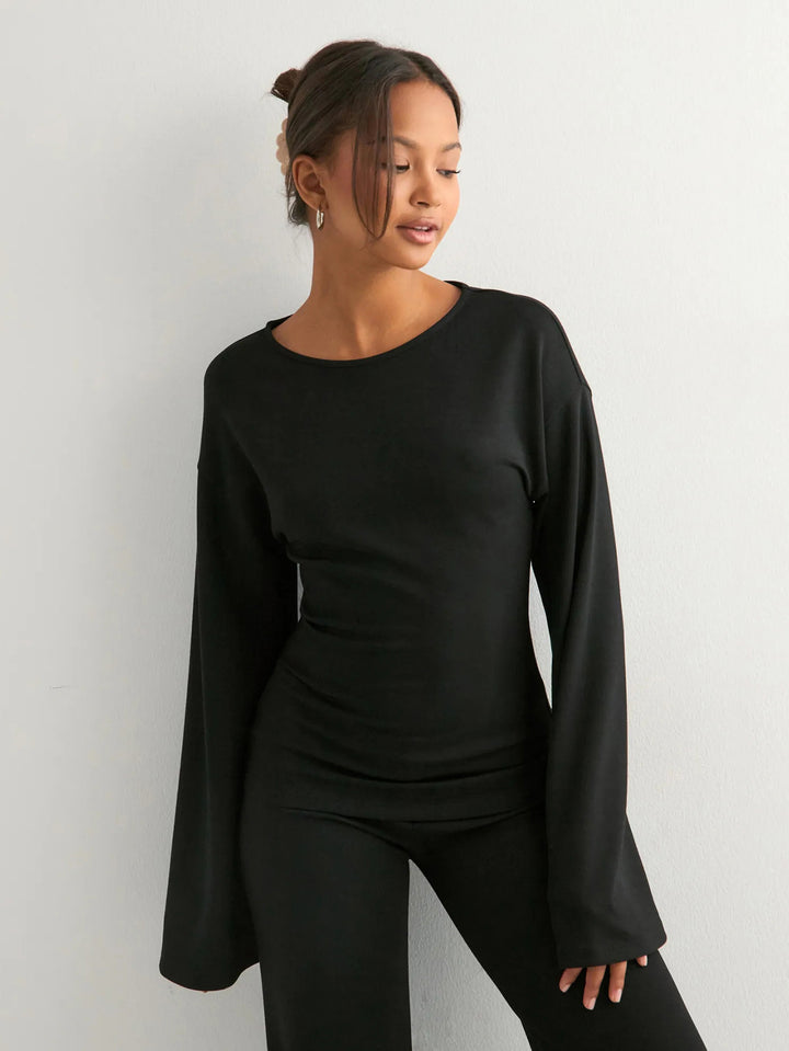 Black Bell Sleeve Fitted Top And Pant Set