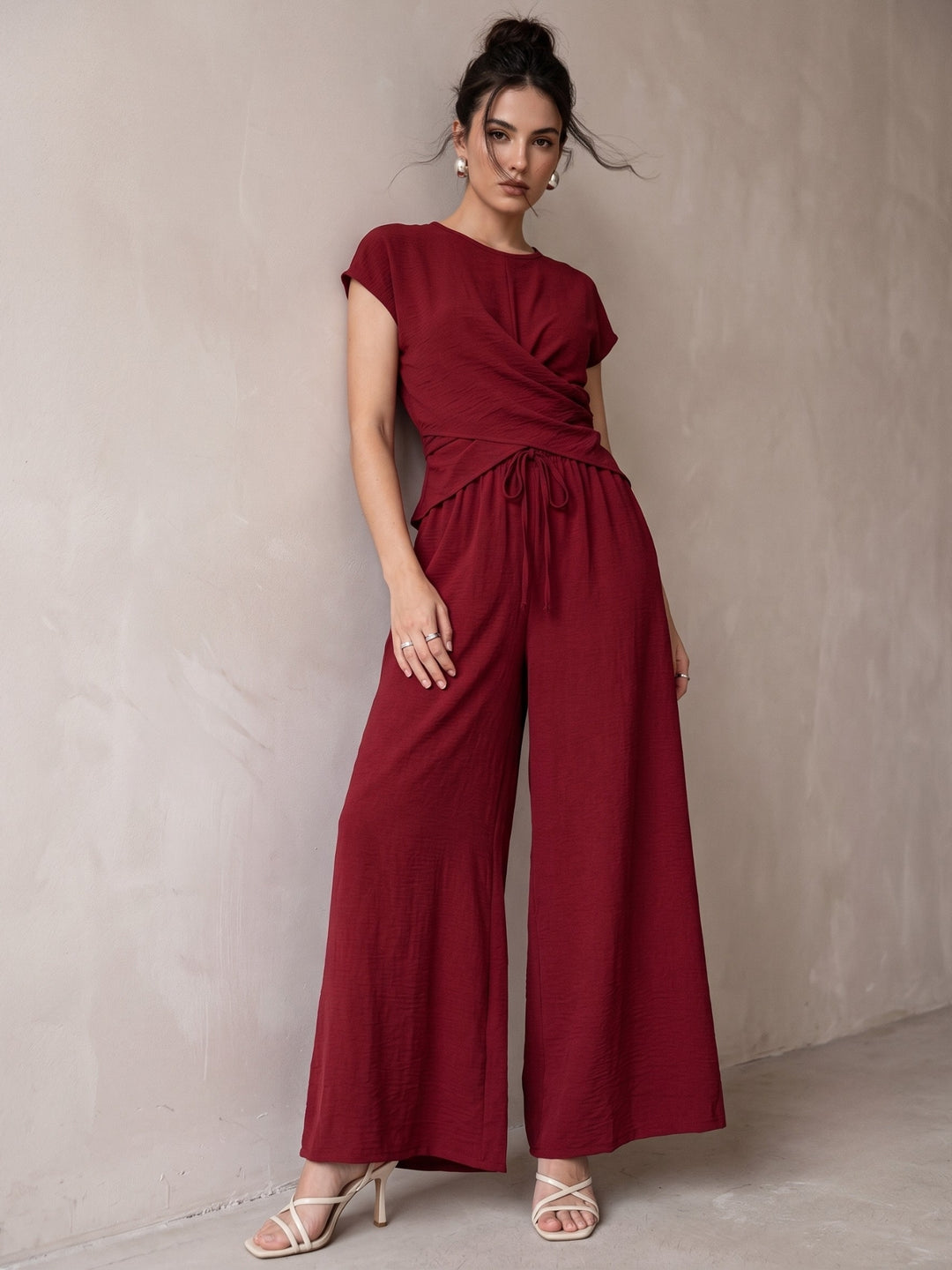 Maroon Wrap Hem Detail Top With Wide Leg Pants Co-Ord Set
