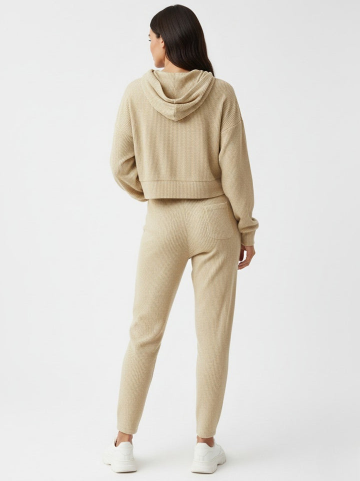 Beige Full Sleeve Hooded Sweatshirt And Pant Set
