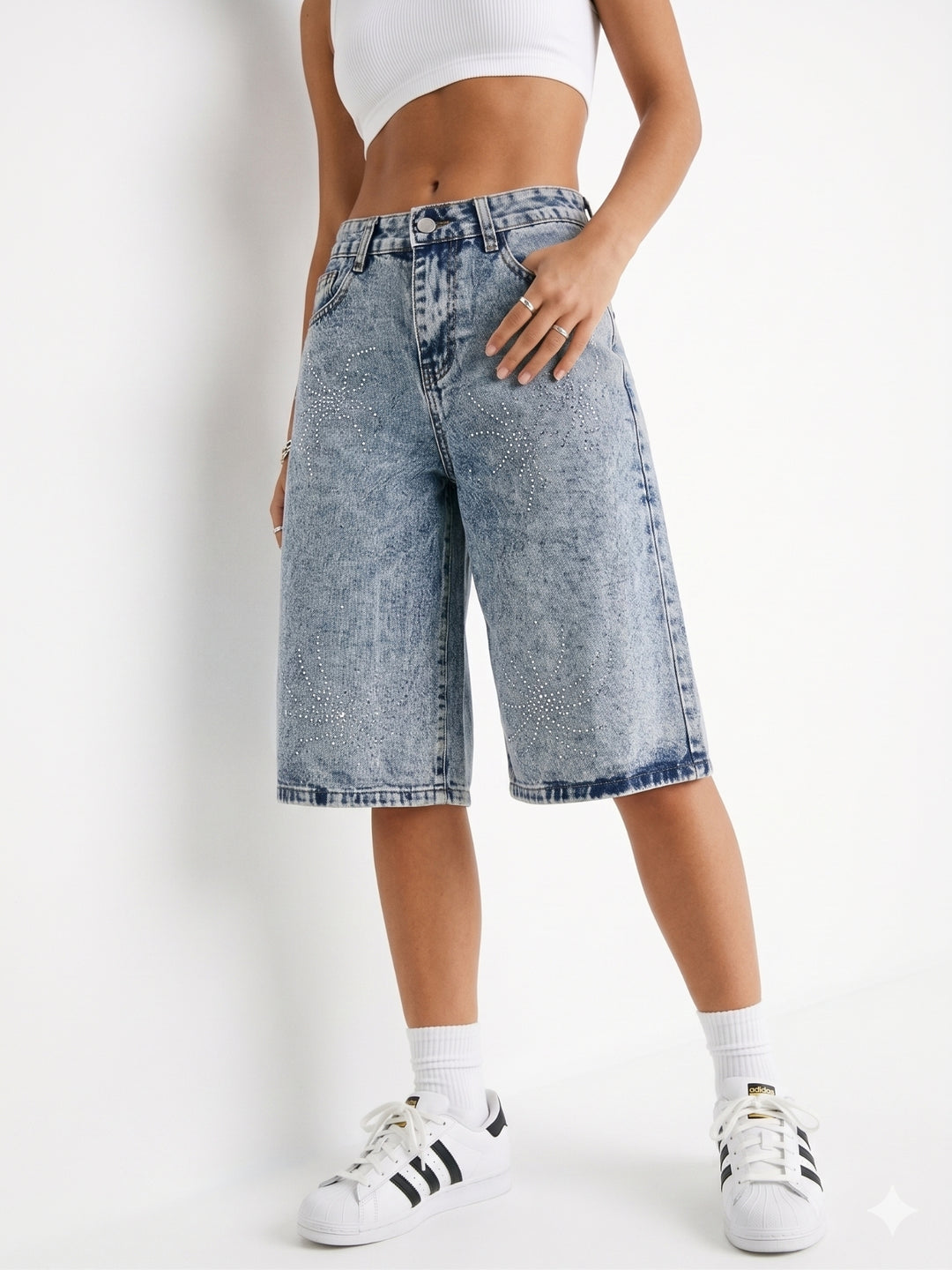 Light Blue Studded Bermuda Shorts