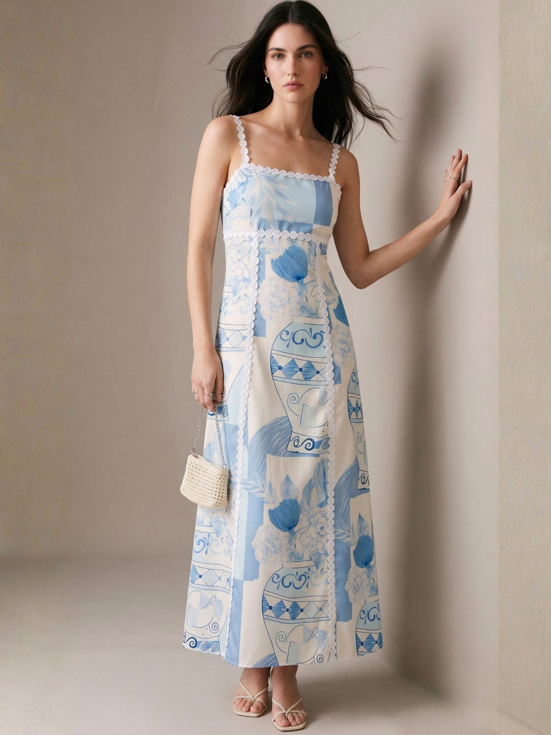 Blue Spaghetti Strap Printed Dress