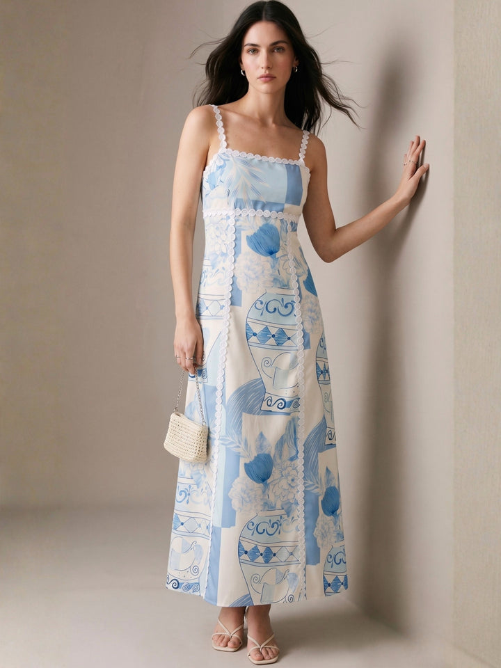 Blue Spaghetti Strap Printed Dress
