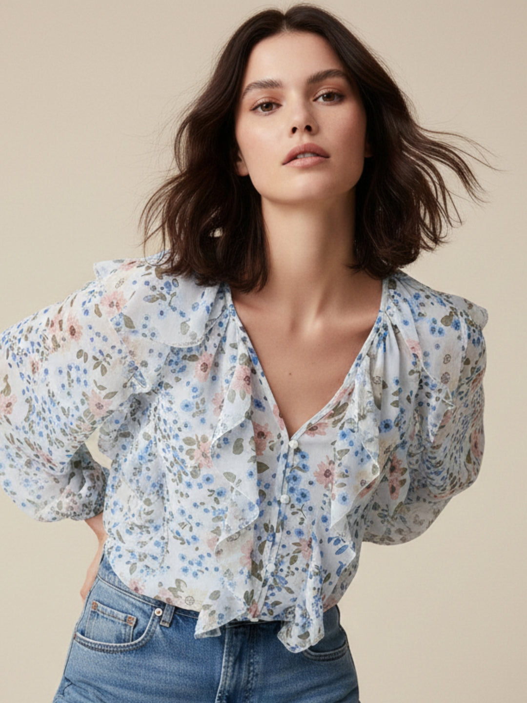 Blue Frill Printed Blouses