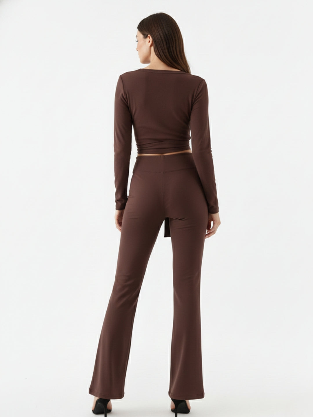 Brown Full Sleeve Wrap V Neck Top And Pant Set