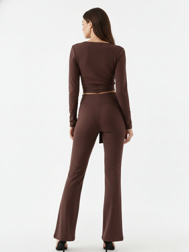Brown Full Sleeve Wrap V Neck Top And Pant Set