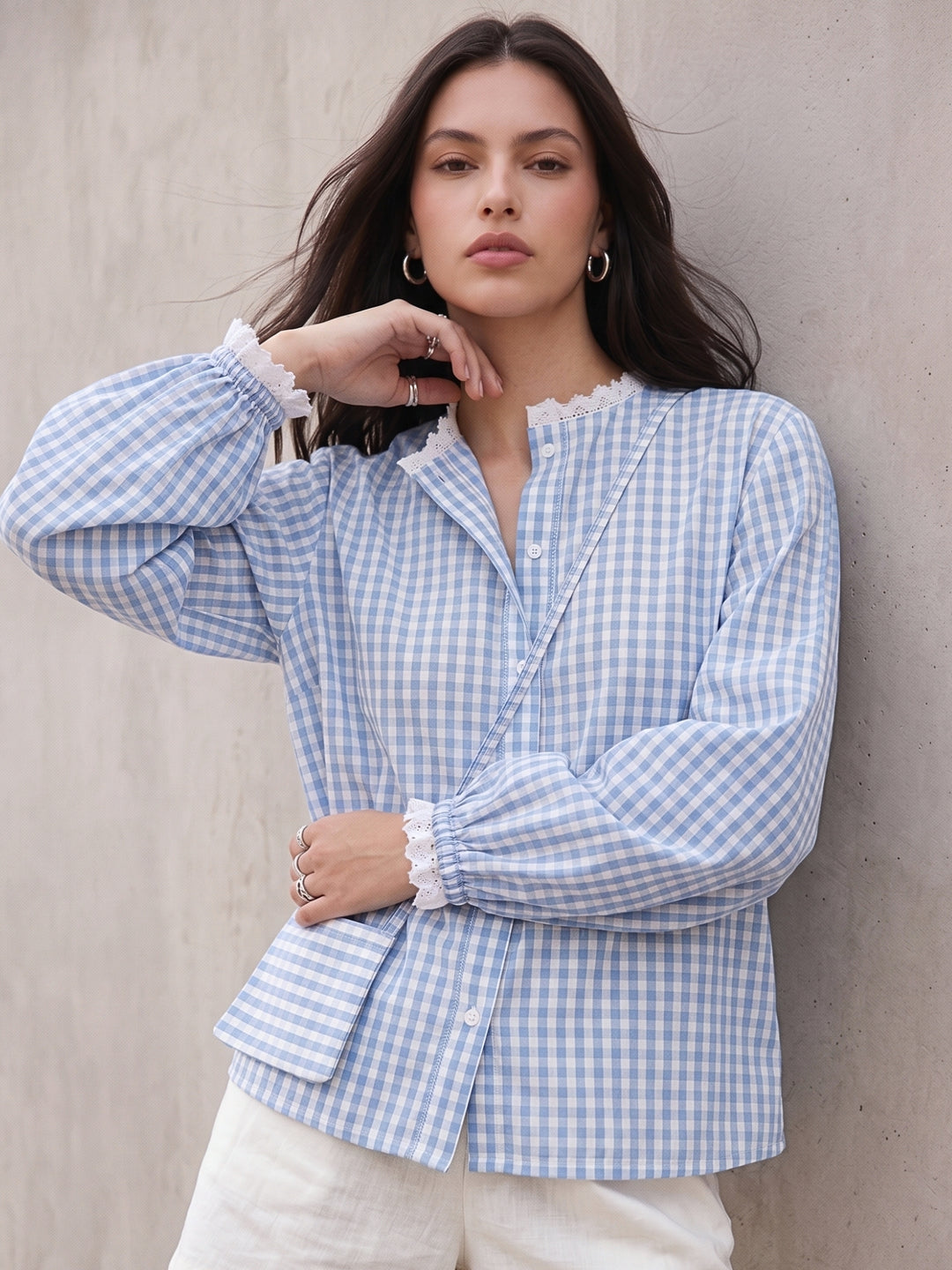 Blue Relaxed Fit Lace Detailed Ghingham Check Cotton Blouse With Self Fabric Bag