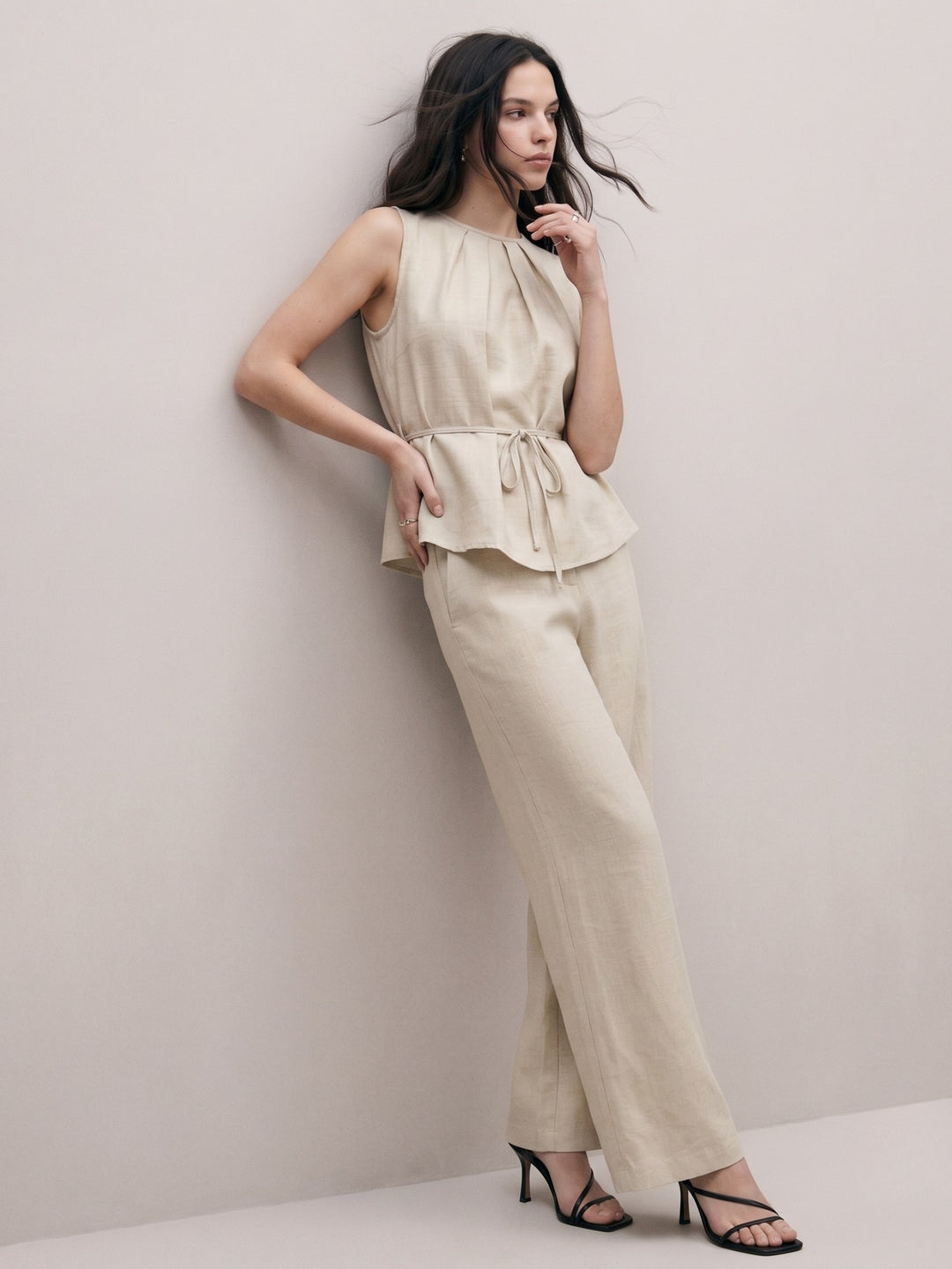 Cream Round Neck Pleated Top With Trouser Co-Ord Set