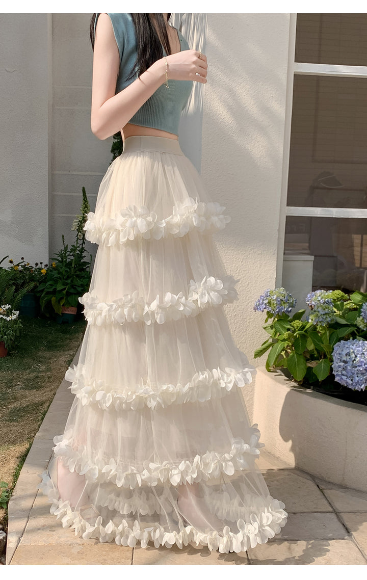 Cream Scrunched Ruffles Tiered Skirt