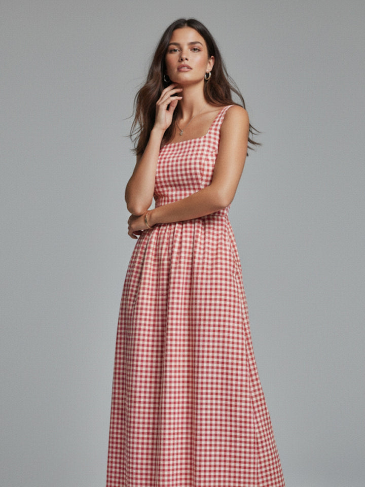 Red Striped Square Neck Cinched Waist Dress