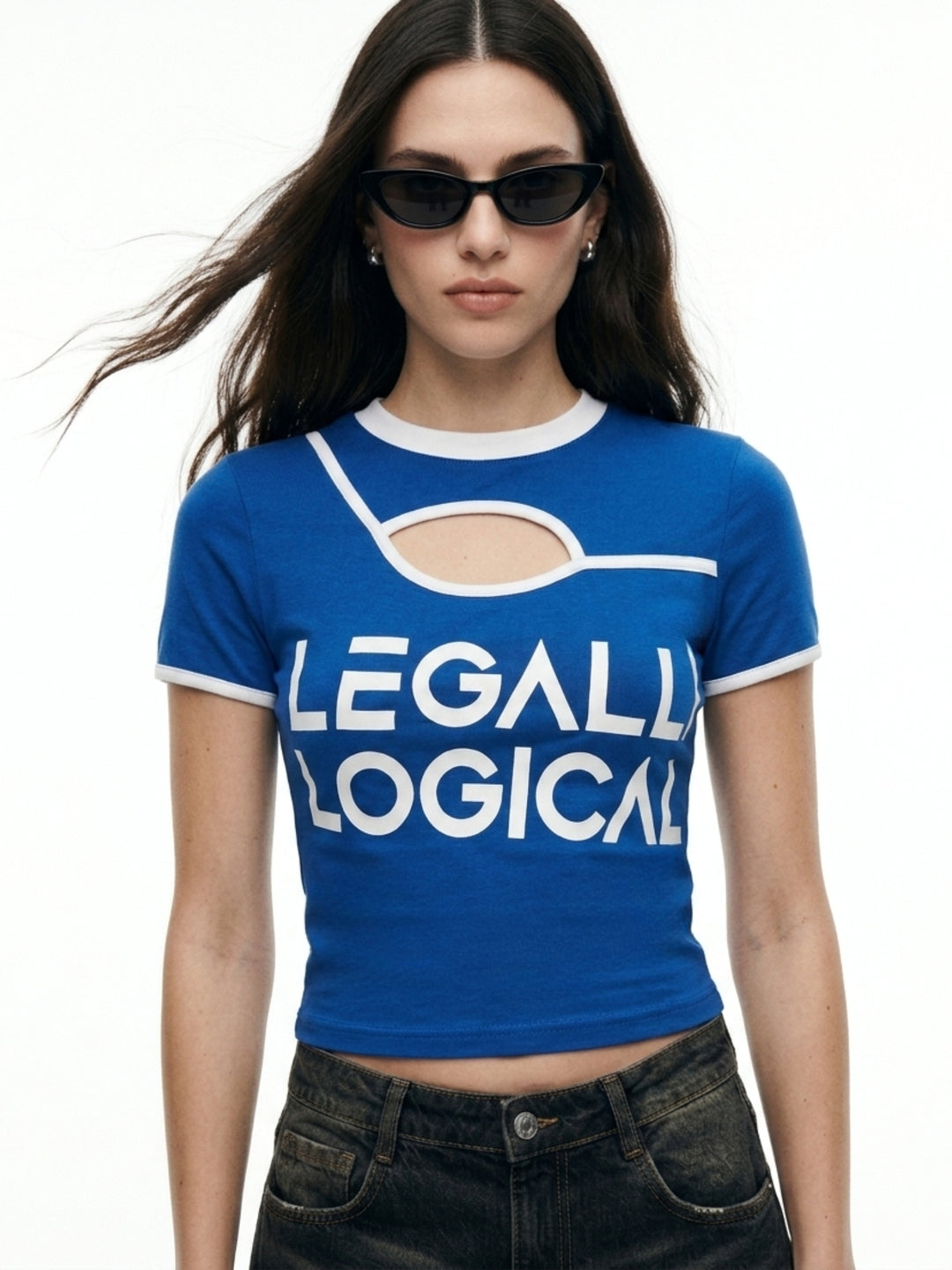 Blue Contrast Binding Neck Cut Out Graphic Printed T-Shirt