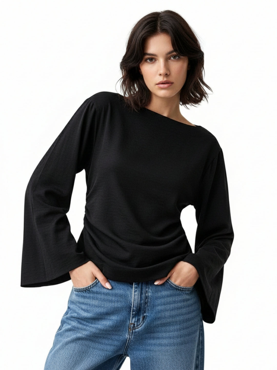 Black Relaxed Flared Sleeve Blouson