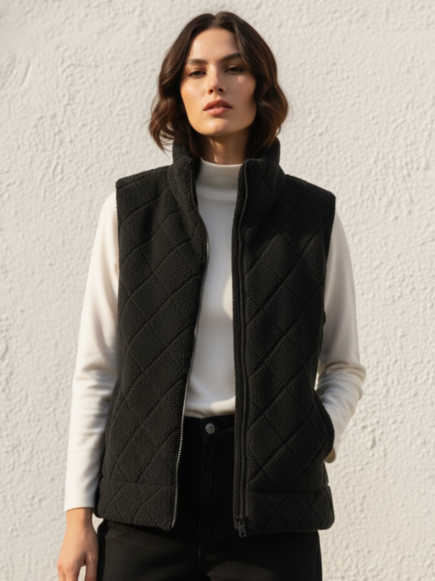 Black Sleeveless Zip Front Funnel Neck Jacket