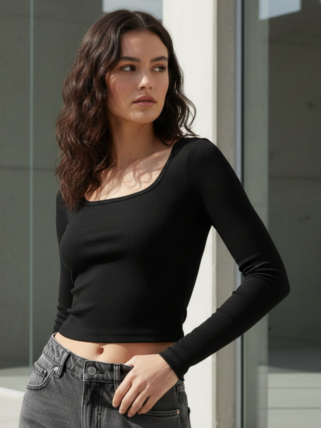 Black Full Sleeve Scoop Neck Top
