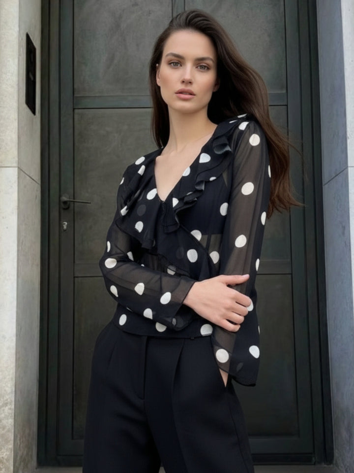 Black Bell Sleeve Polka Printed Top