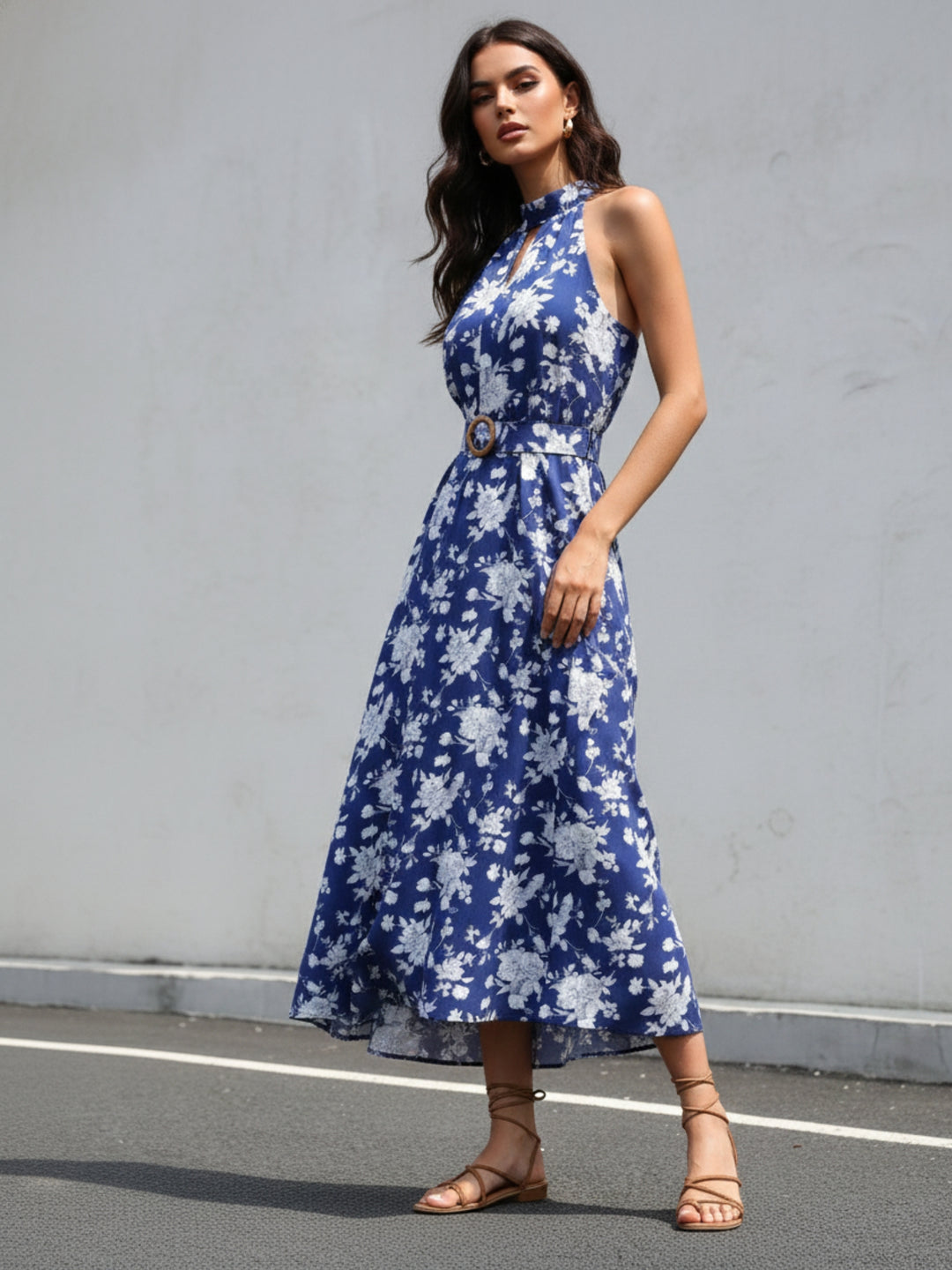Blue Collared Neck Printed Dress