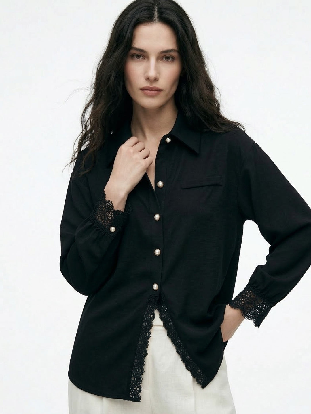 Black Lace Hem Deail Front Buttoned Shirt