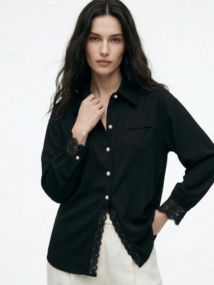 Black Lace Hem Deail Front Buttoned Shirt